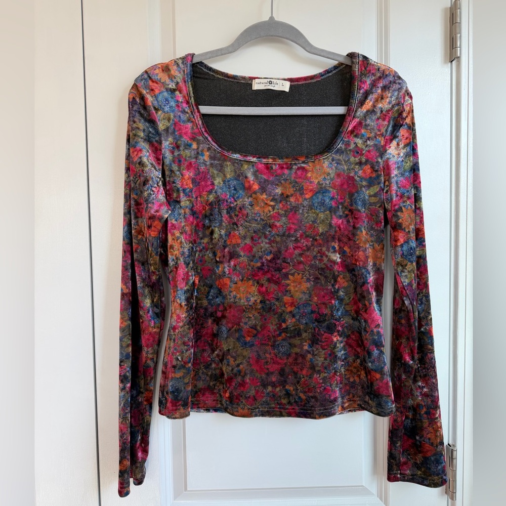 Natural Life Danielle Square Neck Velvet Top Dark Floral Garden Size Large - Picture 3 of 11